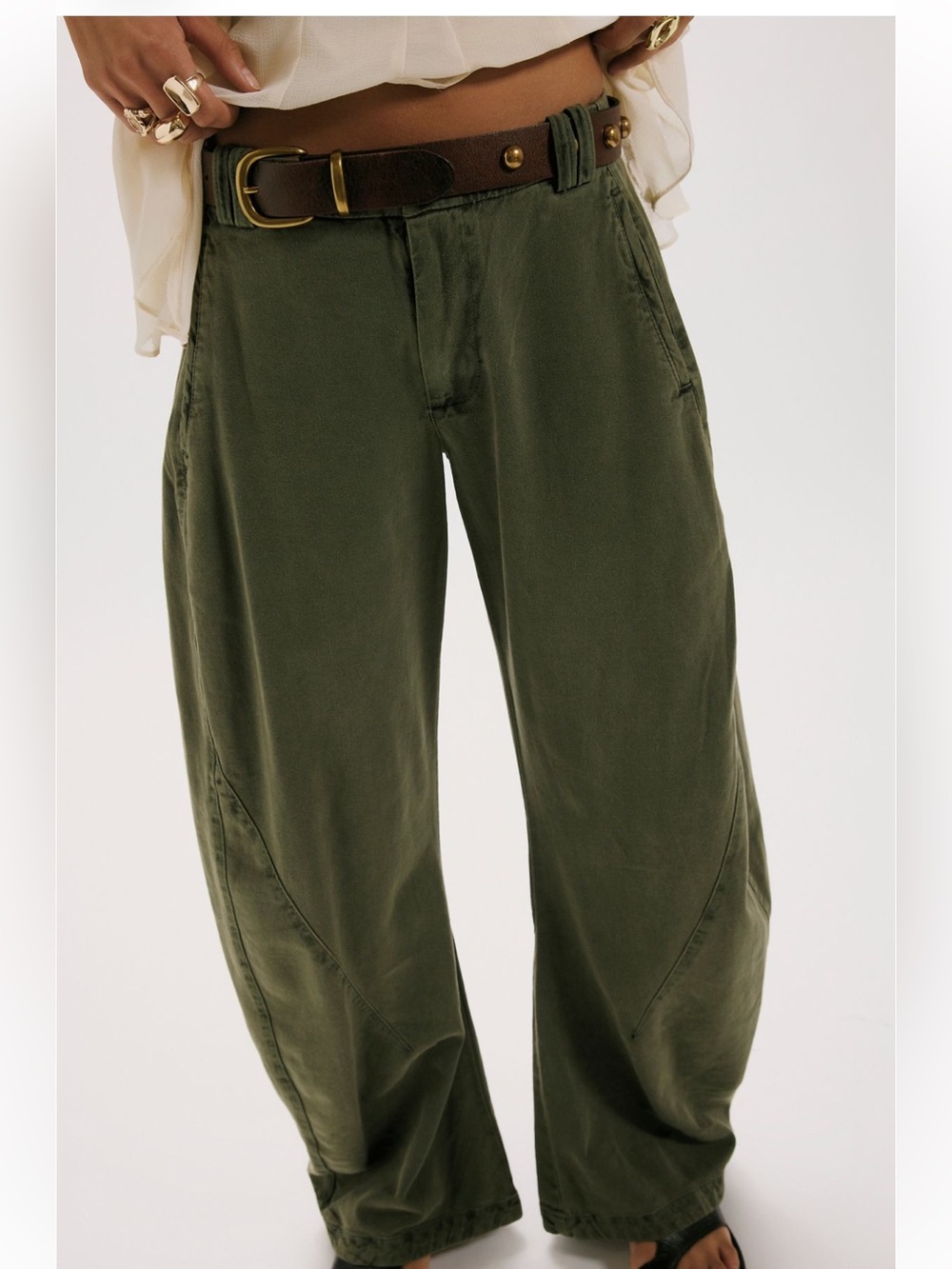 Free People Washed Barrel Chino Trousers Olive Green
